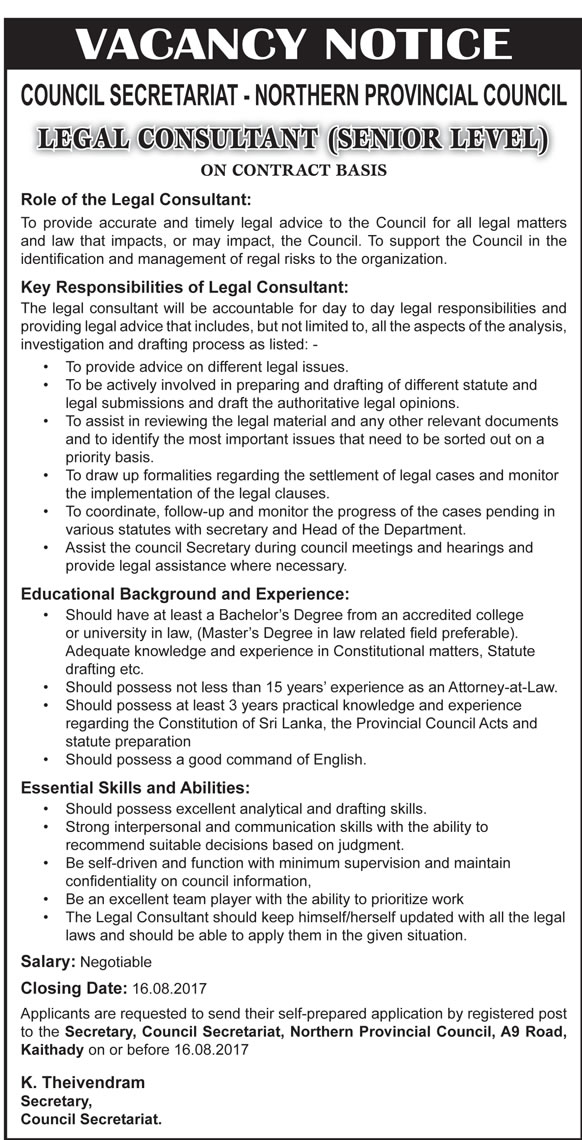 Legal Consultant (Senior Level) - Northern Provincial Council